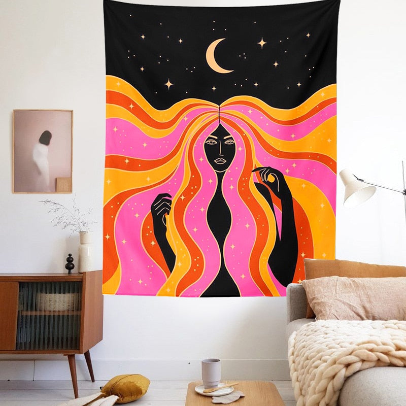 Moon Phases Tapestry Rainbow Girl