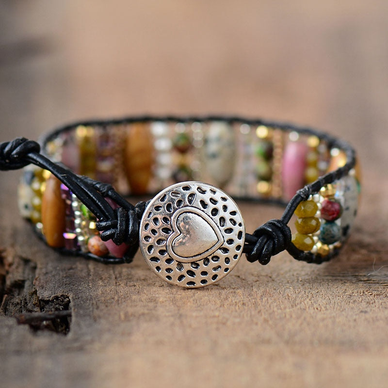 Natural Jasper, Rhodonite & Agate Leather Wrap Bracelet