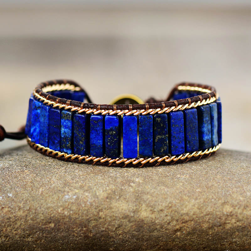 Natural Lapis Lazuli & Weaving Chain Leather Wrap Bracelet