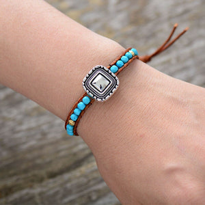 Natural Hawaiian Turquoise Leather Bracelet with Antique Charm