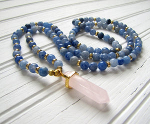 Natural Blue Aventurine & Rose Quartz Pendant Mala Necklace / Bracelet