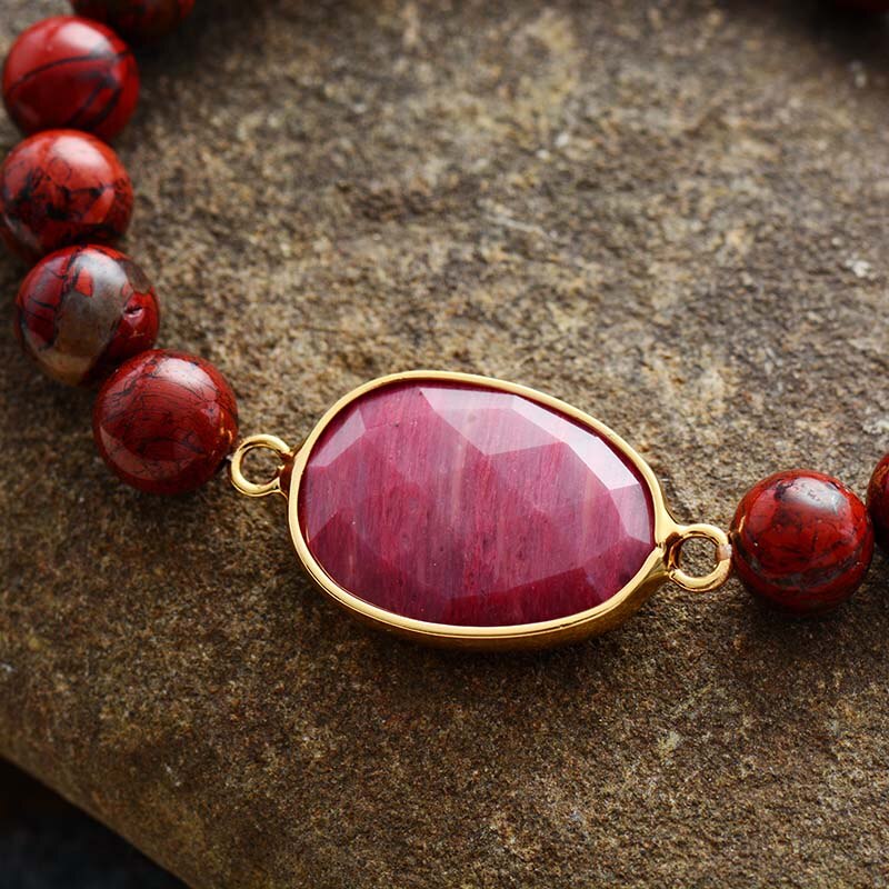 Natural Red Jasper Beaded Bracelet with Rhodonite Stone Charm