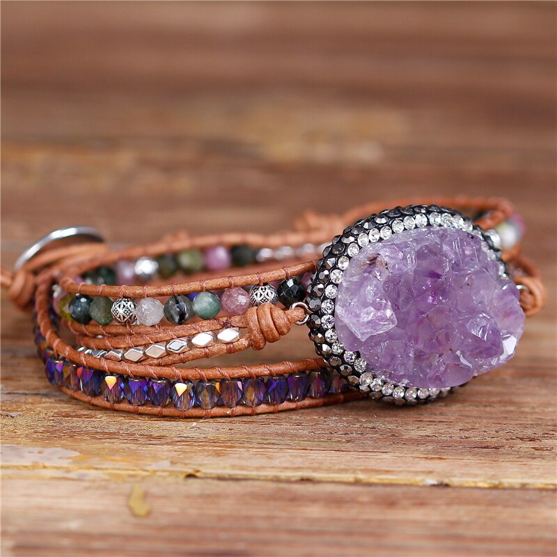 Natural Tourmaline & Amethyst Druzy Leather Wrap Bracelet