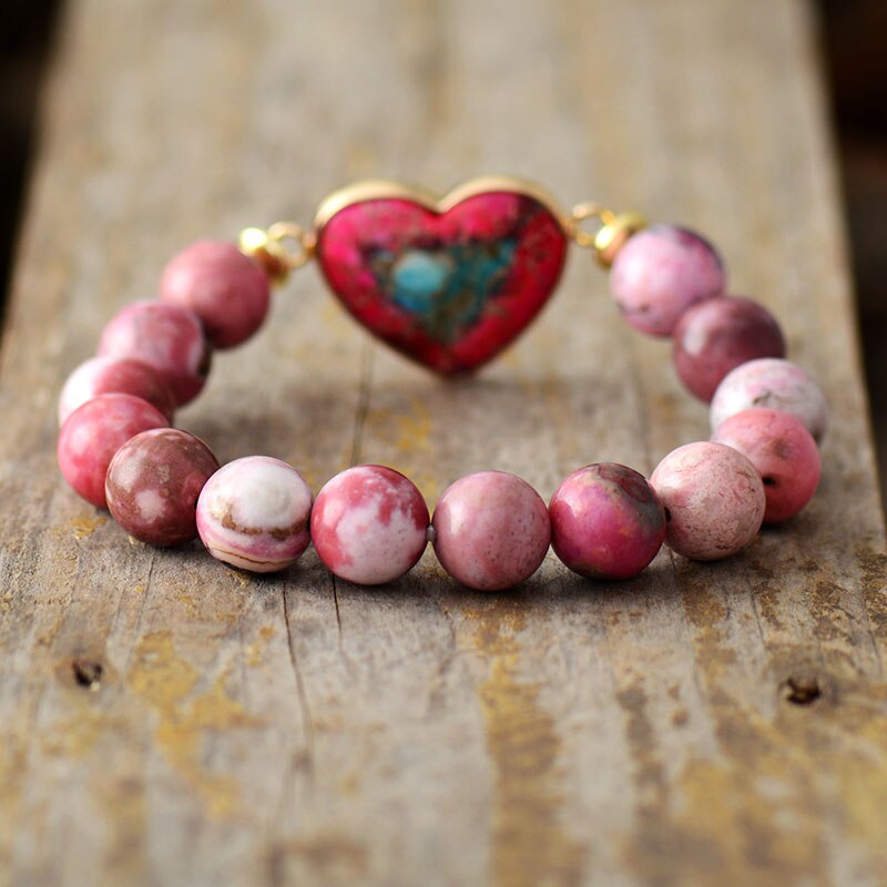Natural Rhodonite & Purple Jasper Heart Beaded Bracelet