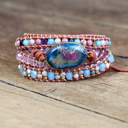 Natural Rose Quartz, Celestite, Agate & Jasper Leather Wrap Bracelet