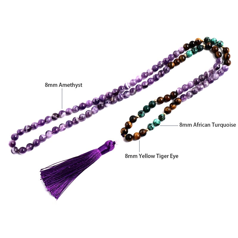 108 Natural Tiger Eye, Amethyst & African Turquoise Mala Beads Necklace