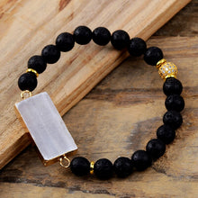 Load image into Gallery viewer, Natural Lava Stone &amp; White Selenite Charm Beaded Bracelet
