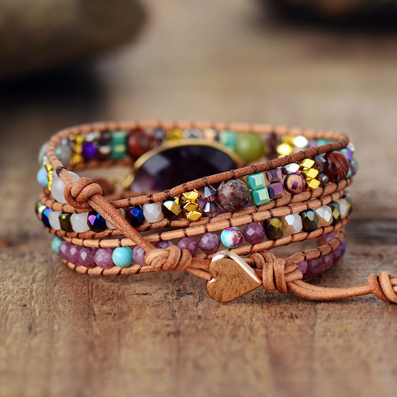 Bohemian Leather Wrap Bracelet with Natural Amethyst Charm