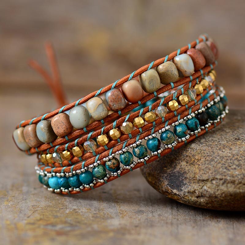 Natural Imperial & Ocean Jasper Leather Wrap Bracelet