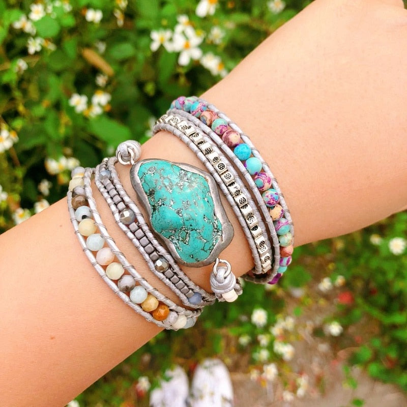 Natural Turquoise, Jasper & Amazonite Leather Wrap Bracelet