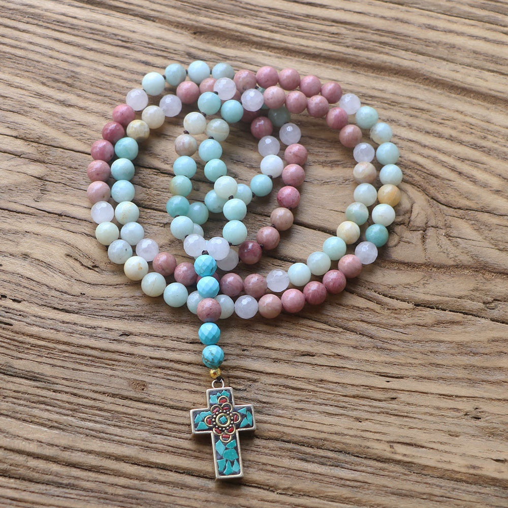 Natural Amazonite, Clear Quartz, Rhodonite & Turquoise Cross Necklace