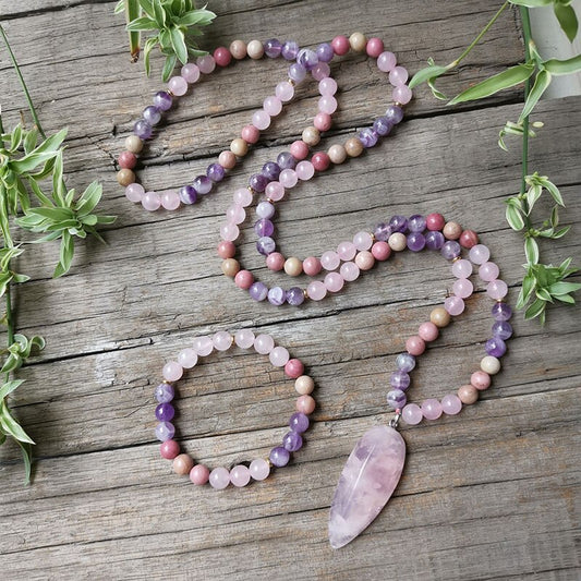 Natural Rhodonite, Amethyst & Rose Quartz 108 Beads Mala Necklace / Bracelet