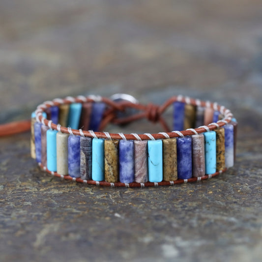 Natural Sodalite, Jasper, Turquoise & Agate Leather Wrap Bracelet