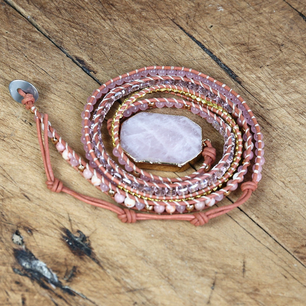 Natural Rose Quartz Leather Wrap Bracelet