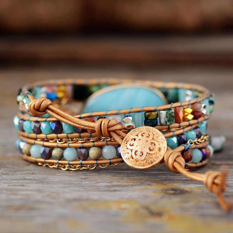 Natural Amazonite, Jasper & Agate Leather Wrap Bracelet