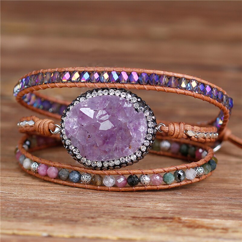 Natural Tourmaline & Amethyst Druzy Leather Wrap Bracelet