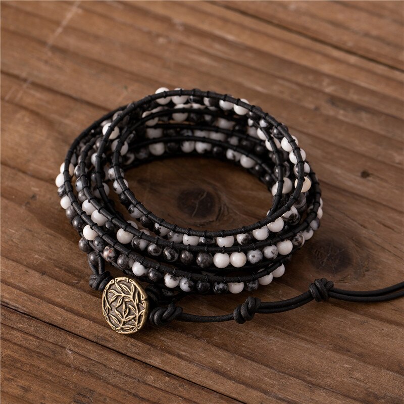 Natural Zebra Jasper Leather Wrap Bracelet