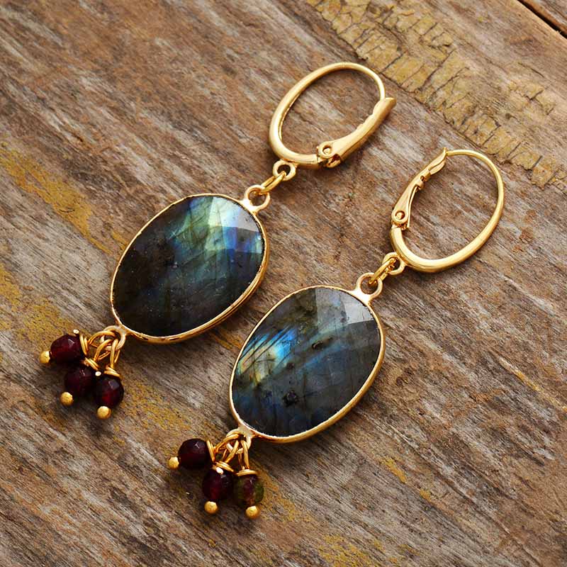 Natural Labradorite & Rhinestones Earrings