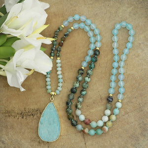 Natural Aventurine, African Turquoise & Amazonite Pendant 108 Beads Mala Necklace