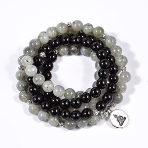 Natural Black Onyx & Labradorite 108 Beads Mala Necklace / Bracelet