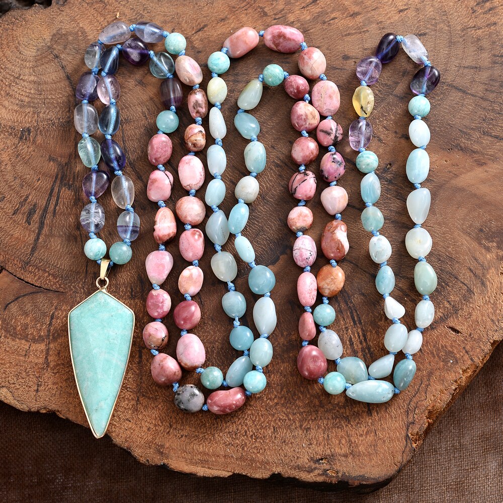 Natural Rhodochrosite, Fluorite & Amazonite Shield Pendant Beaded Necklace