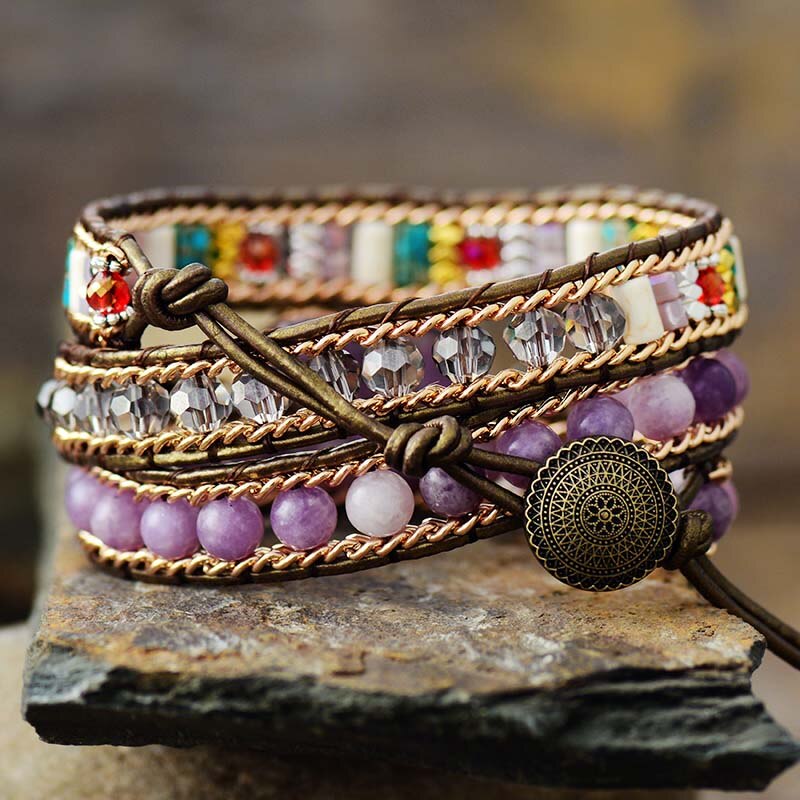 Natural Amethyst, Jade & Jasper Leather Wrap Bracelet with Heart Charm