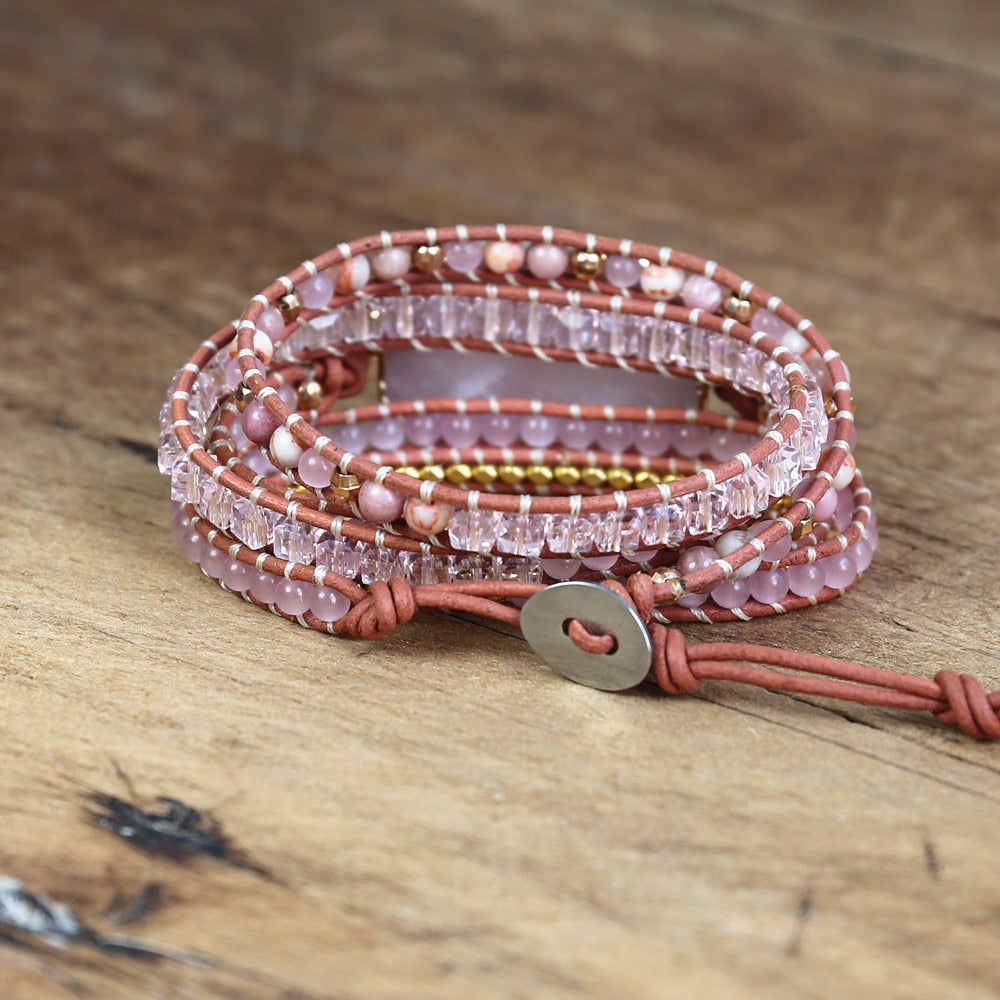 Natural Rose Quartz Leather Wrap Bracelet