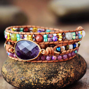 Bohemian Leather Wrap Bracelet with Natural Amethyst Charm