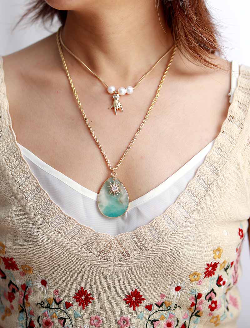 Natural Amazonite Teardrop Pendant & Golden Plated Necklace