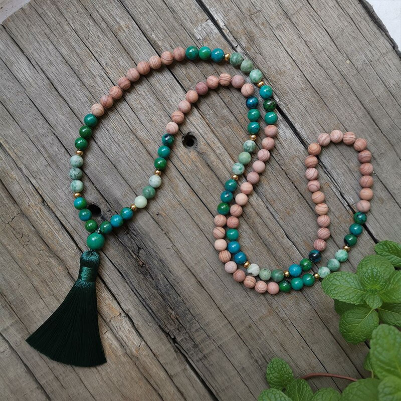 Rare Natural Sandstone, Chrysocolla & Jade 108 Beads Mala Necklace / Bracelet