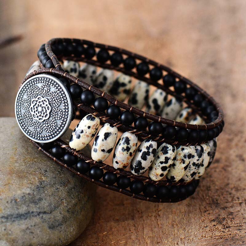 Natural Dalmatian Jasper & Black Onyx Leather Wrap Bracelet