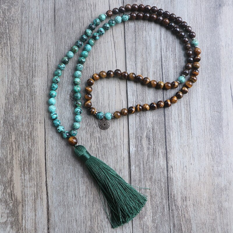 Natural African Turquoise, Bronzite & Tiger's Eye 108 Beads Mala Necklace