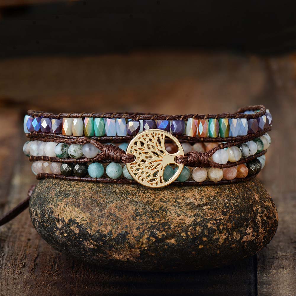 Natural Amazonite, Pyrite, Sunstone & Agate Tree of Life Wrap Bracelet