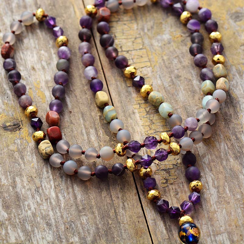 Natural Imperial Jasper, Onyx & Amethyst Pendant Necklace