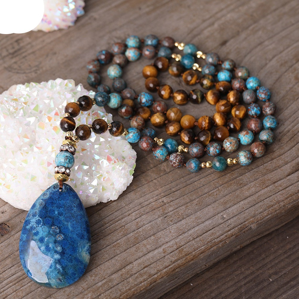 Natural Tiger Eye, Ocean Jasper Beaded Necklace with Fossil Flower Agate