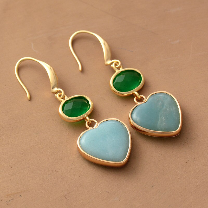 Natural Green Aura Quartz & Amazonite Heart Earrings