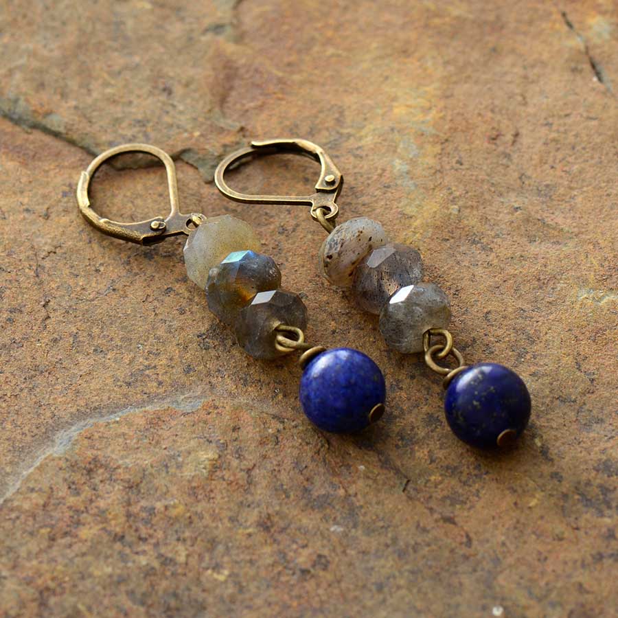 Natural Labradorite & Lapis Lazuli Dangle Earrings