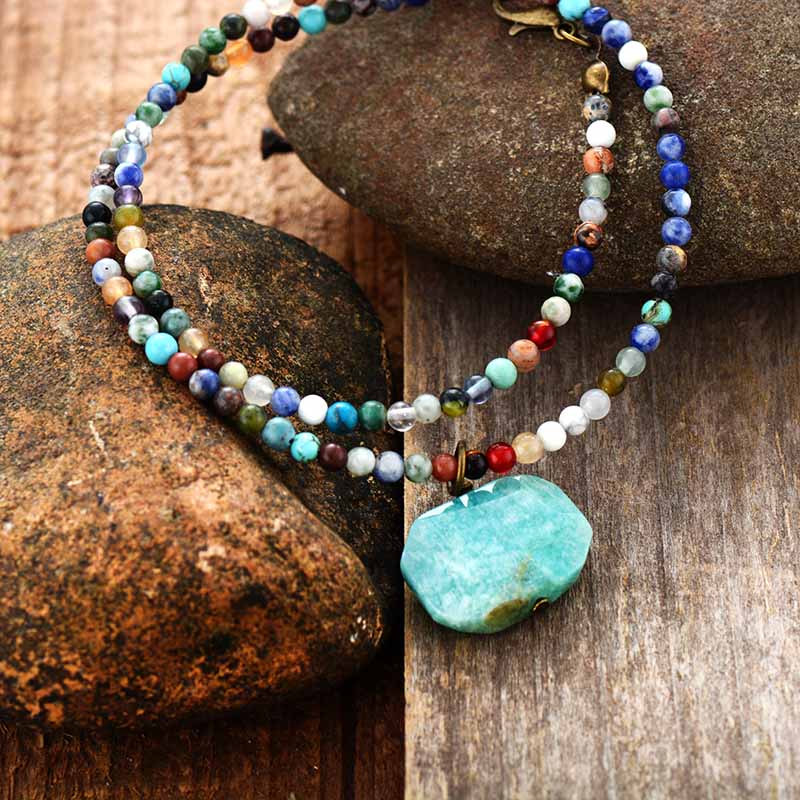 Natural Amazonite Pendant & Mixed Gemstones Choker Necklace