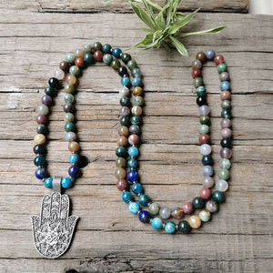 Natural Indian Agate, Apatite & Lapis Lazuli 108 Beads Mala Hamsa Fatima Hand Necklace