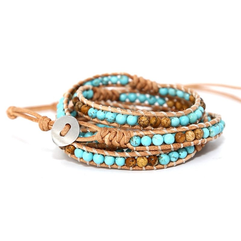 Natural Turquoise & Picture Jasper Knotted Leather Wrap Bracelet