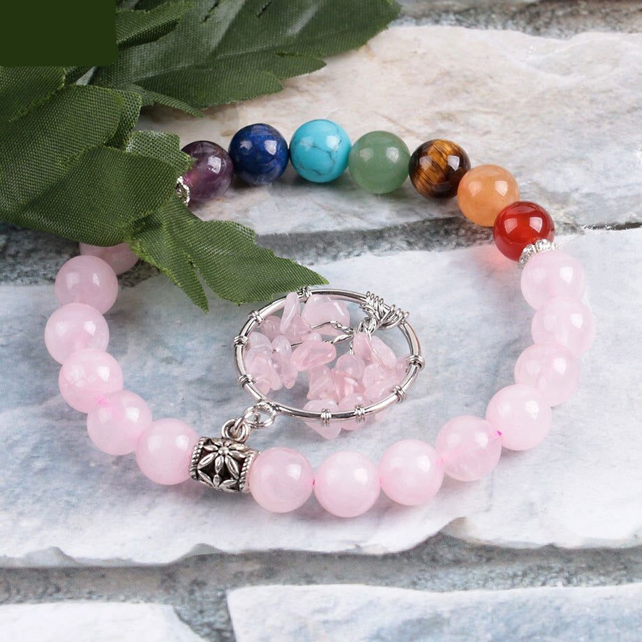 Natural 7 Chakras Rose Quartz Beaded Bracelet with Tree of Life