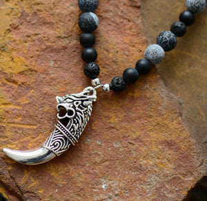 Natural Onyx, Lava Stones & Jasper Beaded Necklace with Dragon Tusk Pendant