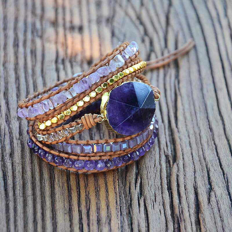 Natural Amethyst & Crystals Leather Wrap Bracelet