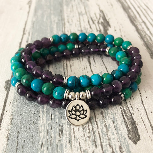 Natural Amethyst & Chrysocolla 108 Beads Mala Necklace Wrap Bracelet