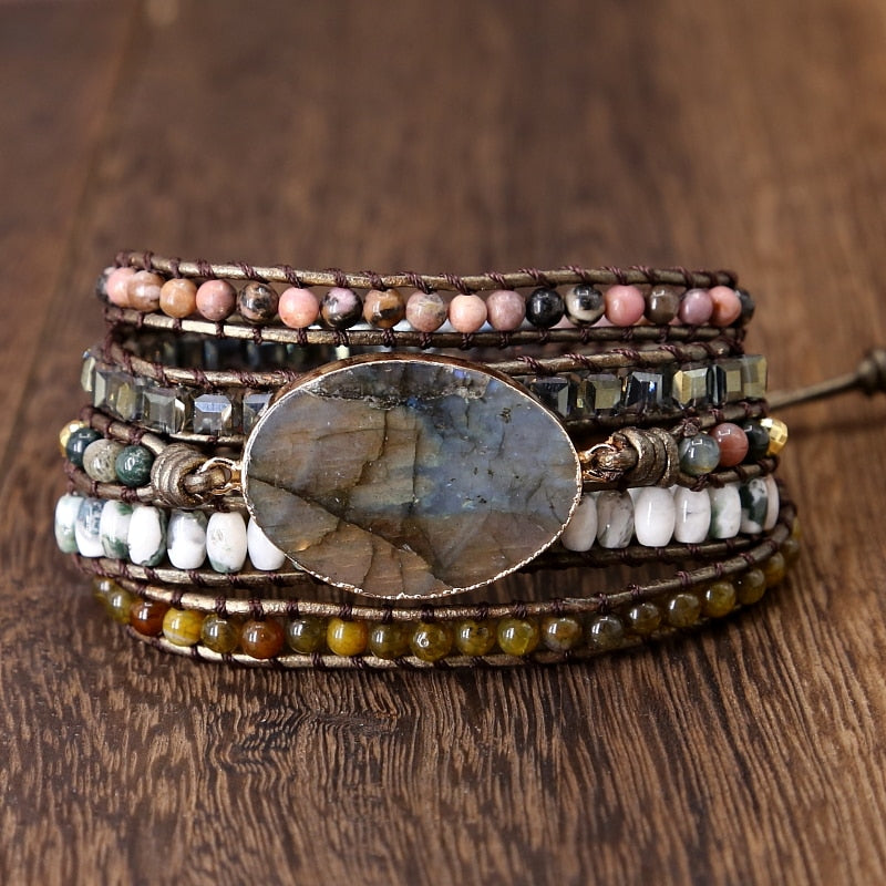 Natural Labradorite, Mixed Agate Beads, Rhodonite & Crystals Leather Wrap Bracelet