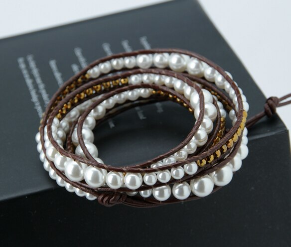 Natural Shell Pearls Leather Wrap Bracelet