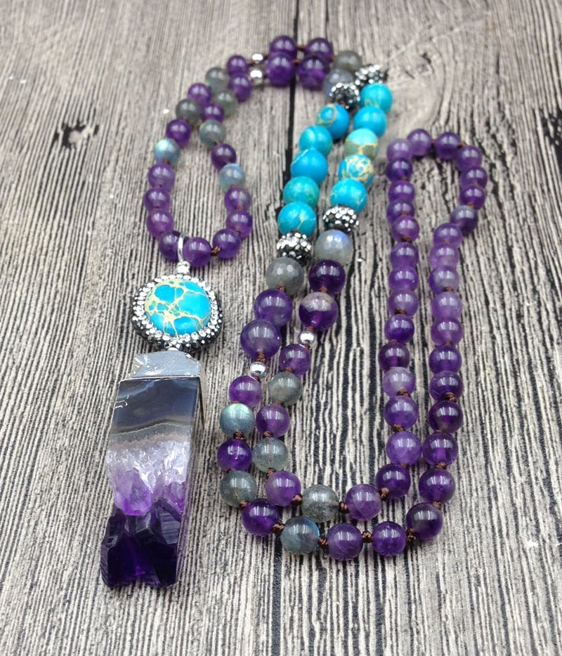 Natural Labradorite, Jasper & Amethyst 108 Mala Beads Druzy Necklace