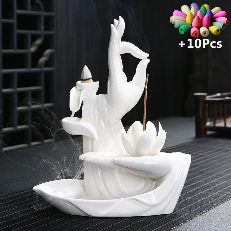 White Buddha Hand & Lotus Backflow Incense Burner