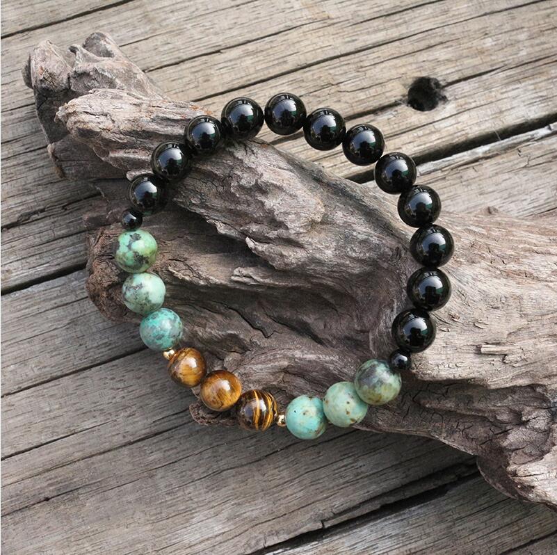 Natural Black Onyx, African Turquoise & Tiger Eye 108 Mala Beads Necklace / Bracelet