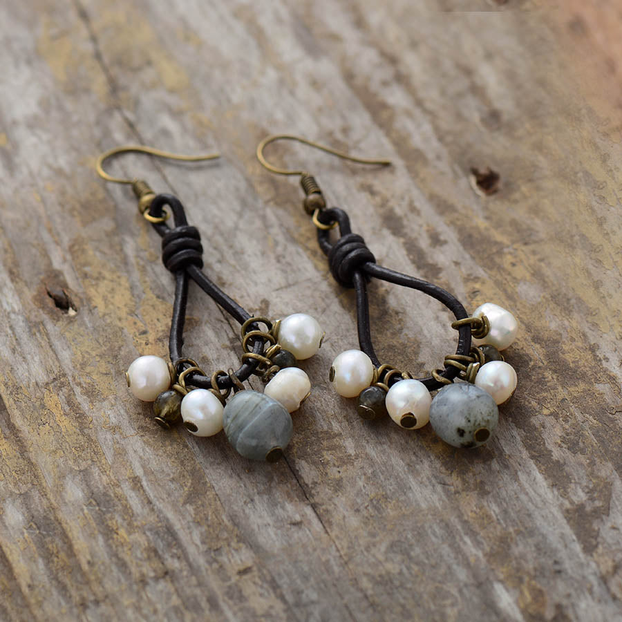 Natural Leather Earrings with Freshwater Pearls & Labradorite Beads